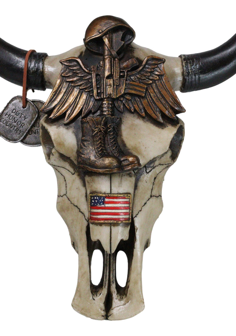 Patriotic Fallen Soldier Helmet Rifle Boots Dogtags Veteran Cow Skull Wall Decor