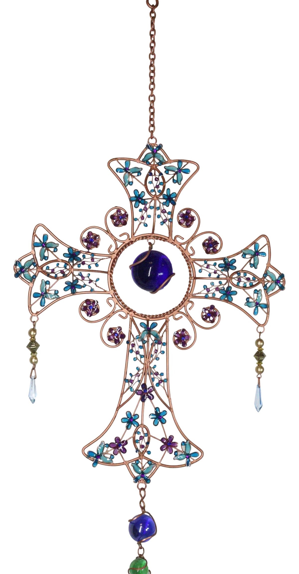 Blue Floral Scroll with Gemstones Christian Cross Art Glass Metal Wind Chime