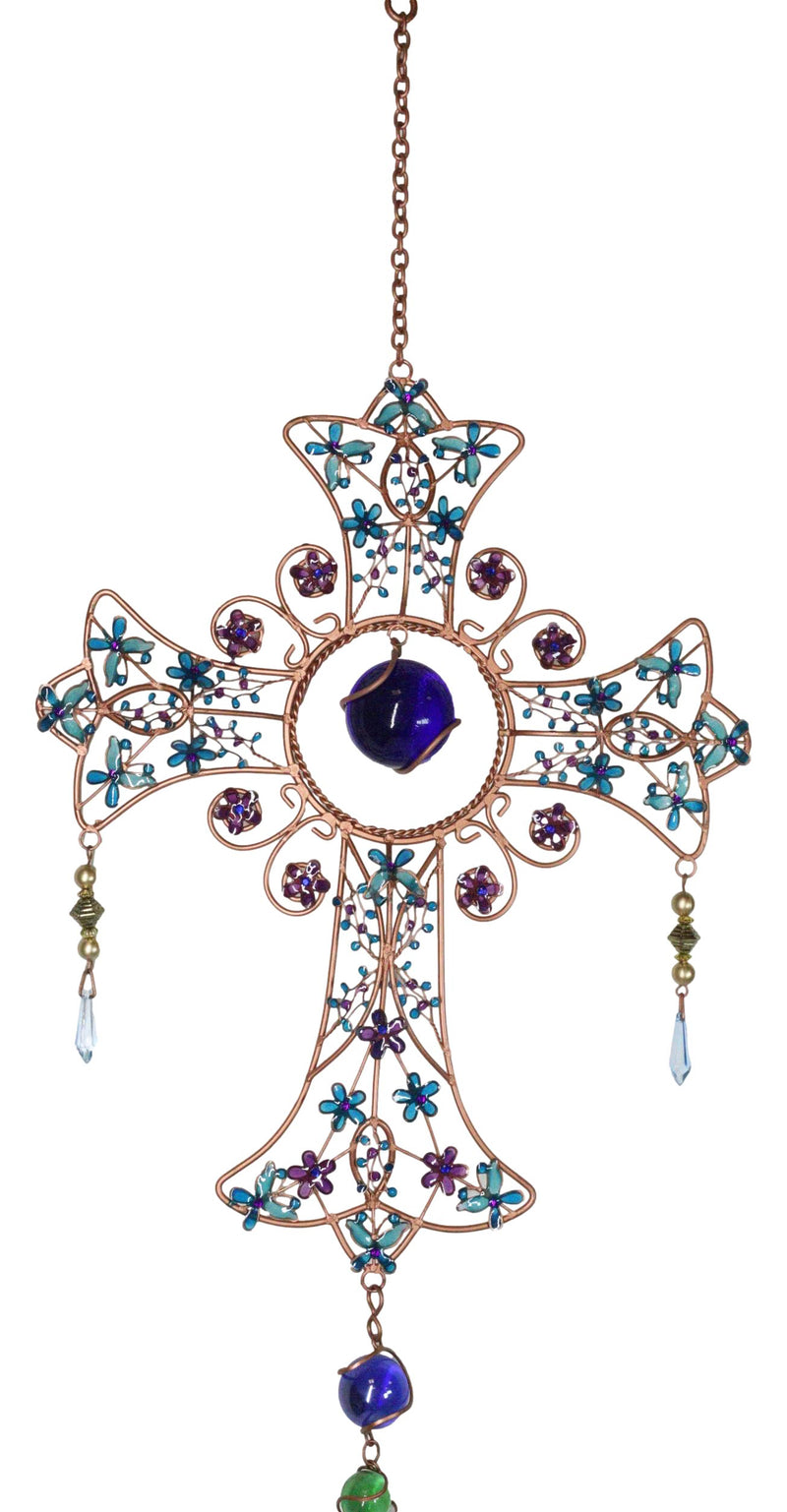 Blue Floral Scroll with Gemstones Christian Cross Art Glass Metal Wind Chime