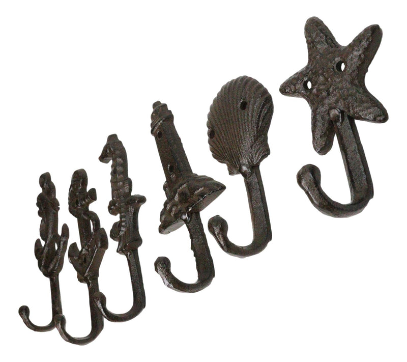 Pack of 6 Cast Iron Marine Sea Horse Anchor Lighthouse Starfish Shell Wall Hooks