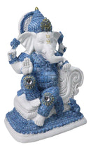 Blue & White Ganesha Statue with Mushak, 8.5-Inch Hindu God Seated on Throne