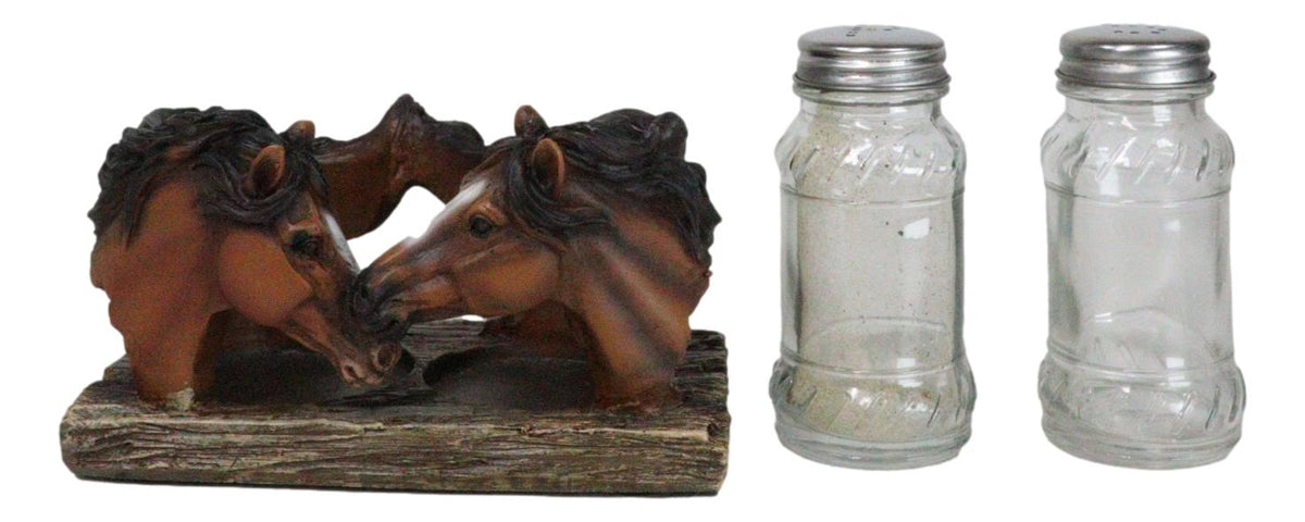 Western Wild At Heart Double Brown Chestnut Horses Salt Pepper Shakers Holder - Ebros Gift
