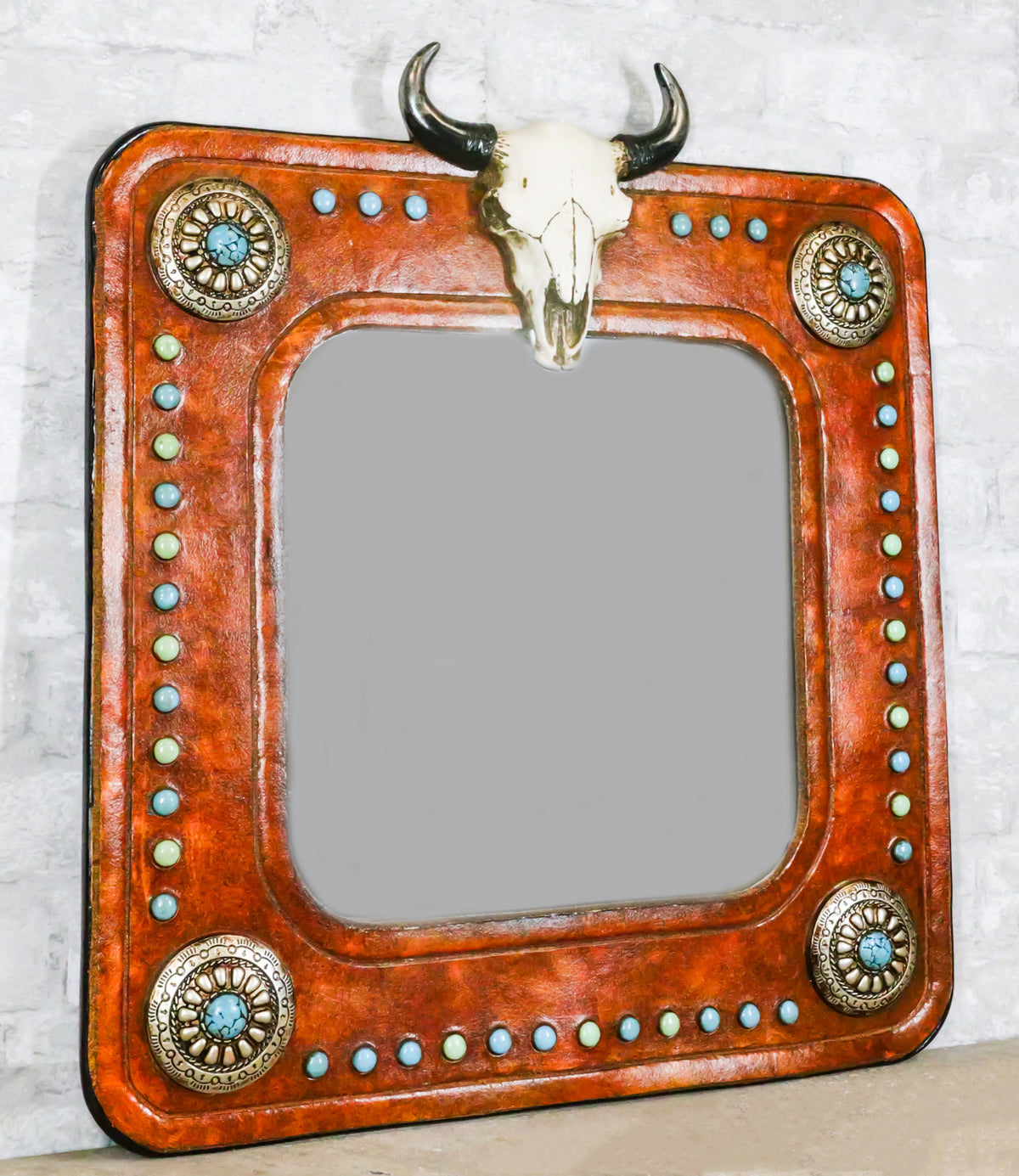 Rustic Western Bull Cow Skull And Turquoise Silver Conchos Faux Leather Mirror