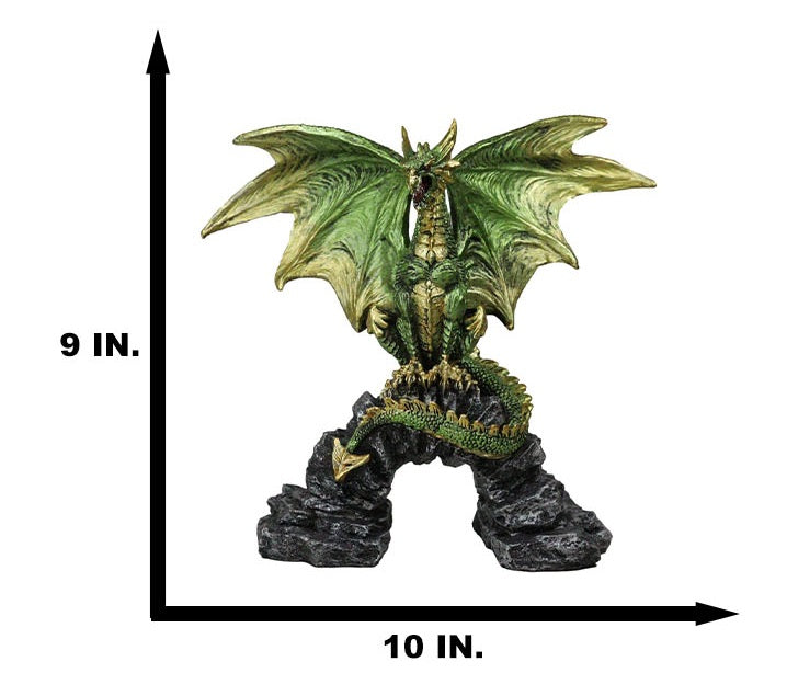 Green And Gold Scales Behemoth Dragon Perching On Ancient Rock Arch Figurine