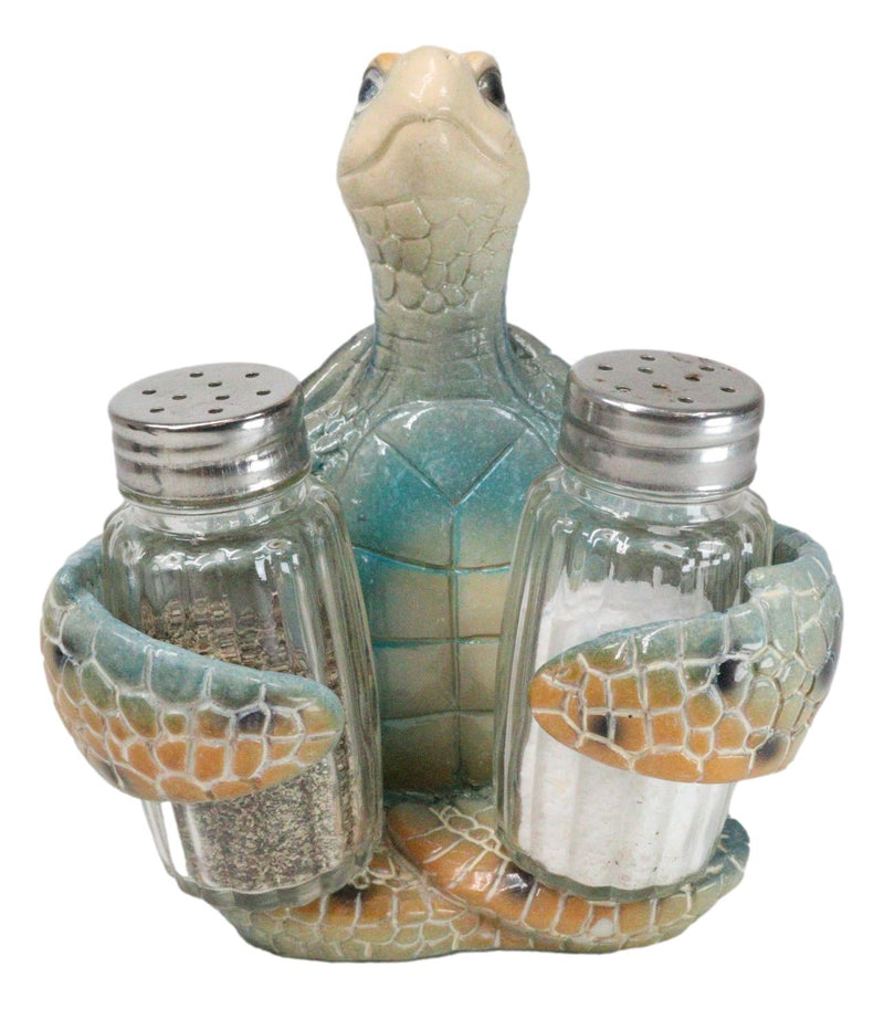 Nautical Marine Blue Giant Sea Turtle Hugging Salt And Pepper Shakers Holder Set