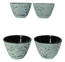 Mint Green Bamboo Etching Japanese Tetsubin Style Cast Iron Tea Cups Set of 4