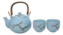 Blue Japanese Sakura Cherry Blossom Ceramic Tea Pot And 2 Cups Set Bamboo Handle