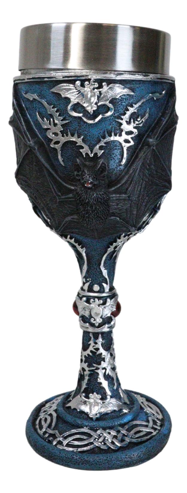 Vampire Flying Bat Blue With Silver Knotwork Scroll Patterns Wine Goblet Chalice