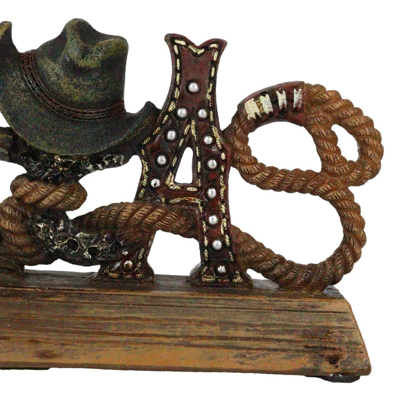 Rustic Western Texas Word Art Cow Skull Cowboy Hat Ropes Horseshoe Desk Plaque