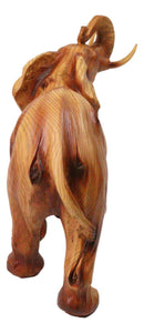 Lucky Elephant Figurine with Trunk Up Faux Wood Carved Look Home Décor 10" Long