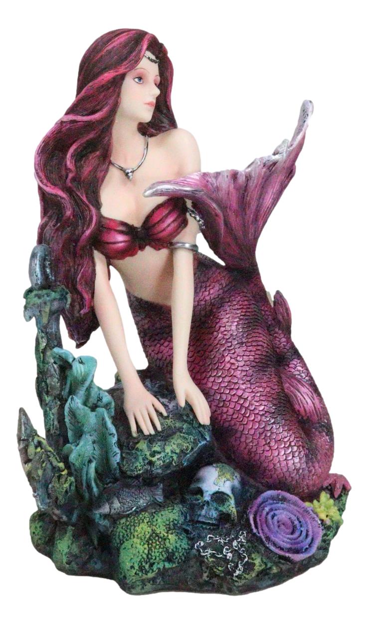 Siren Mermaid Sitting By Sunken Ship Anchor Skull Corals Ocean Graveyard Statue