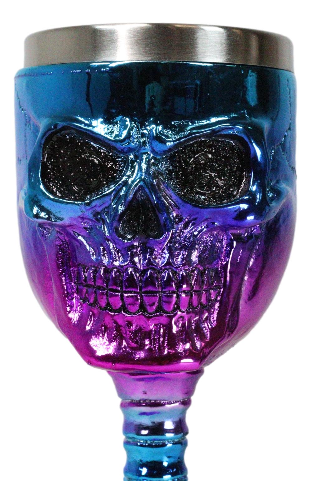 Metallic Blue And Pink Plated Skull With Skeleton Spine And Bones Wine Goblet - Ebros Gift