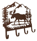 Rustic Western Moose Deer By Pine Forest Mountain 4-Peg Wooden Wall Hooks Plaque