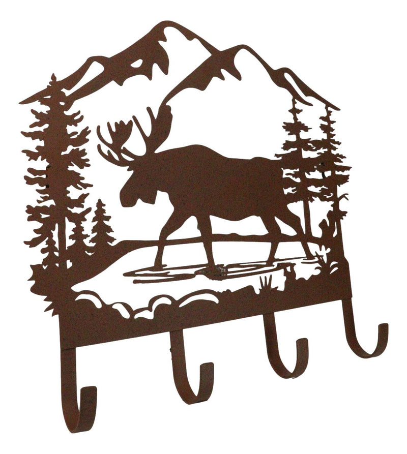Rustic Western Moose Deer By Pine Forest Mountain 4-Peg Wooden Wall Hooks Plaque