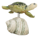 Marine Green Sea Turtle Swimming Over Partridge Tun Shell Spring Bobble Figurine