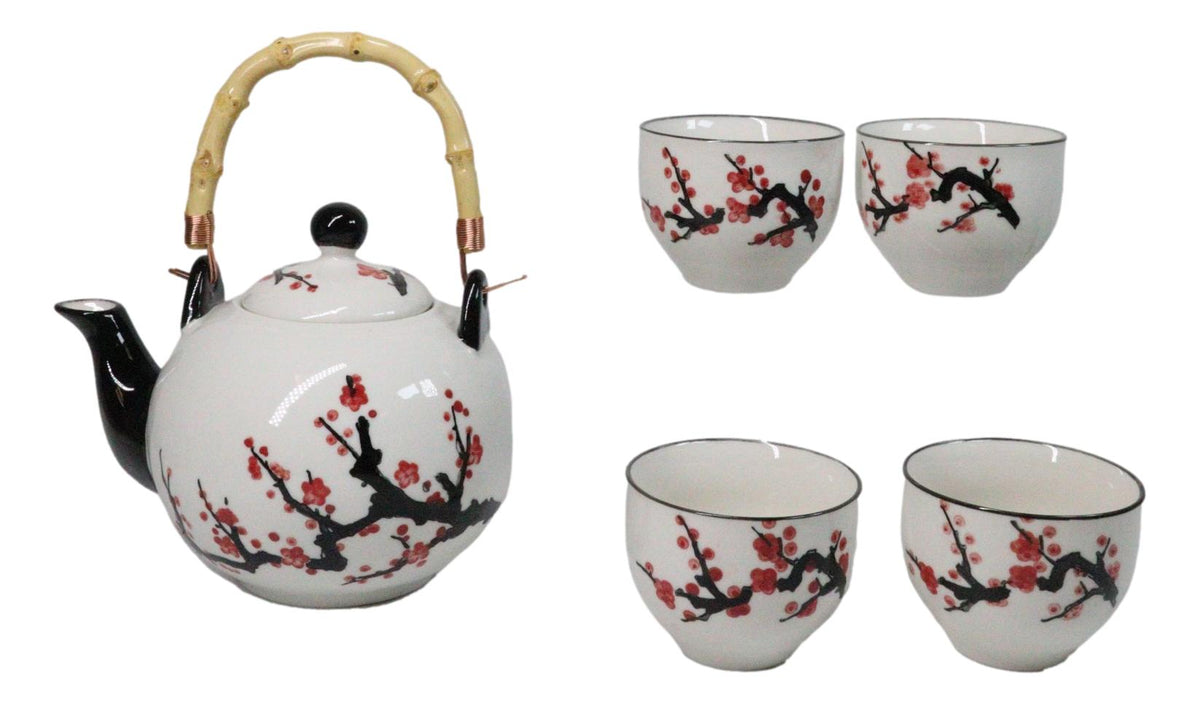 White Pink Sakura Cherry Blossoms Porcelain 30oz Teapot And 4 Tea Cups Set