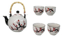 White Pink Sakura Cherry Blossoms Porcelain 30oz Teapot And 4 Tea Cups Set