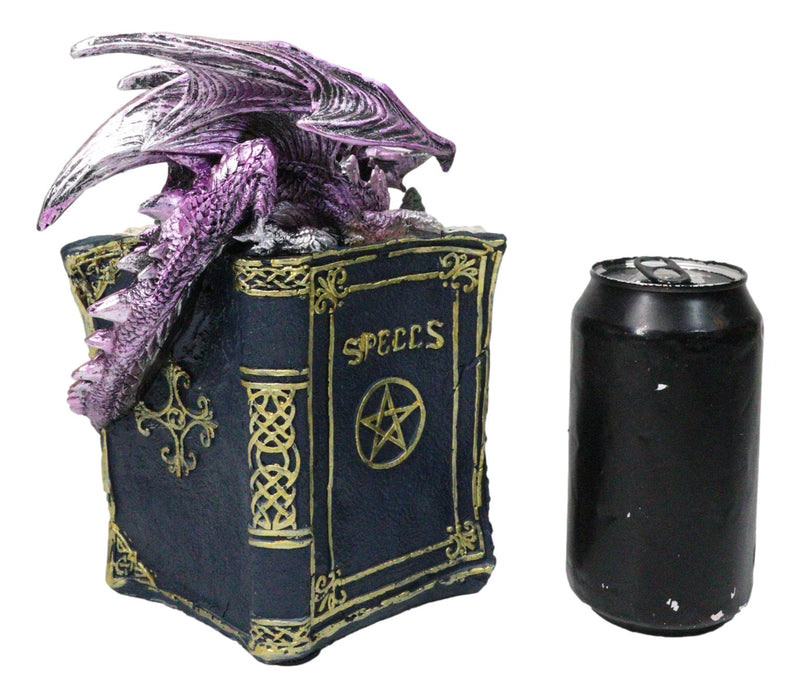 Purple Dragon Guarding LED Medieval Castle On Rocks With Book of Spells Figurine