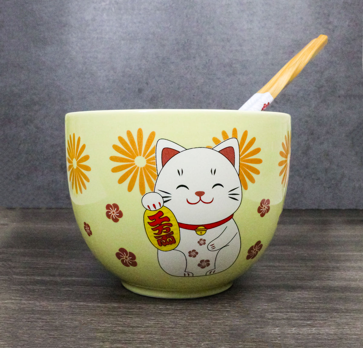 Maneki Neko Lucky Cat Yellow Ceramic Donburi Ramen Soup Bowl With Chopsticks Set
