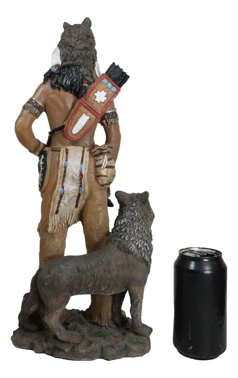 Native Tribal Indian Warrior Holding Bow And Arrow With Alpha Gray Wolf Figurine