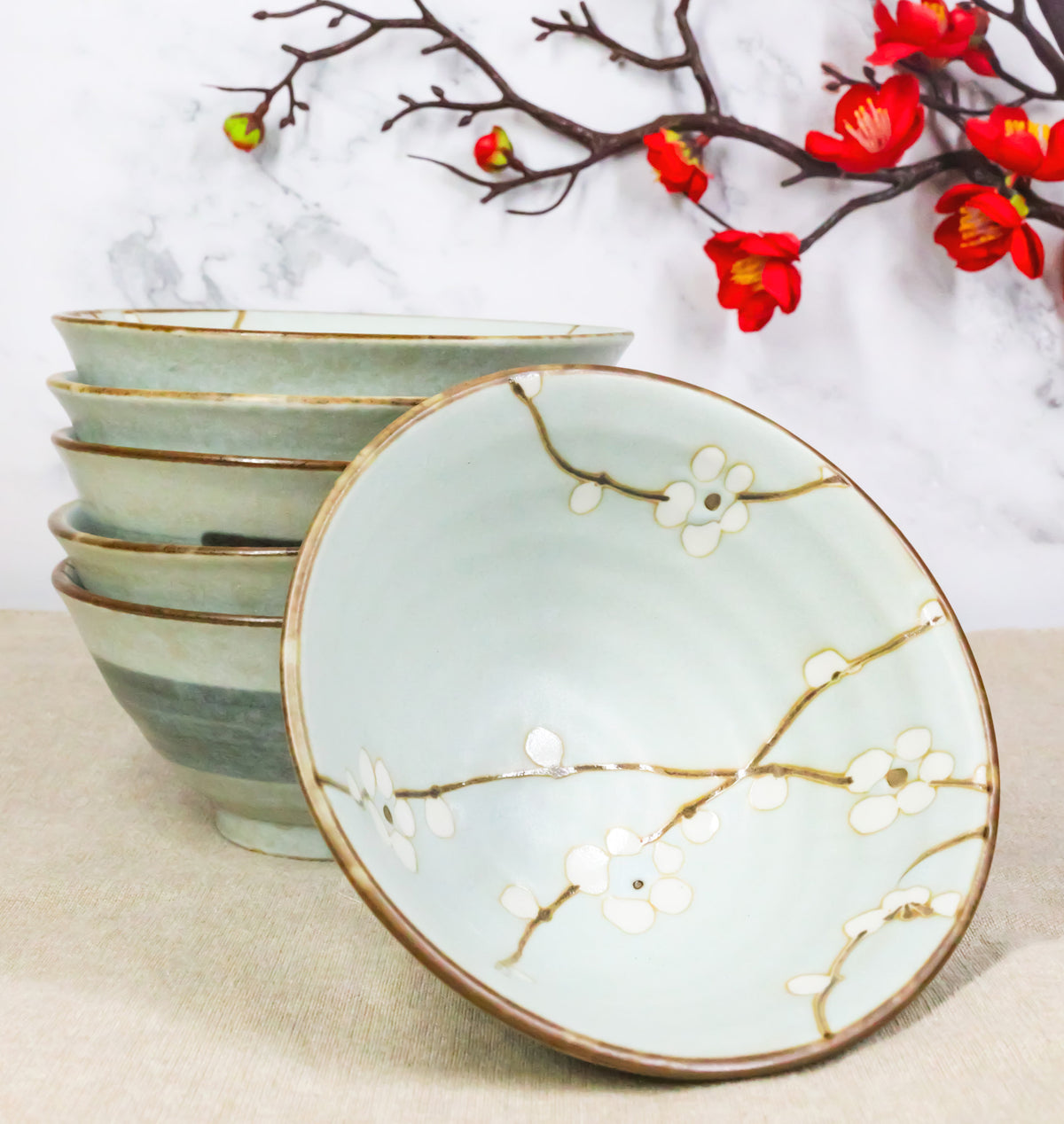 Made In Japan Ceramic Soushun Sakura Cherry Blossoms Rice Soup Bowls Set 12oz