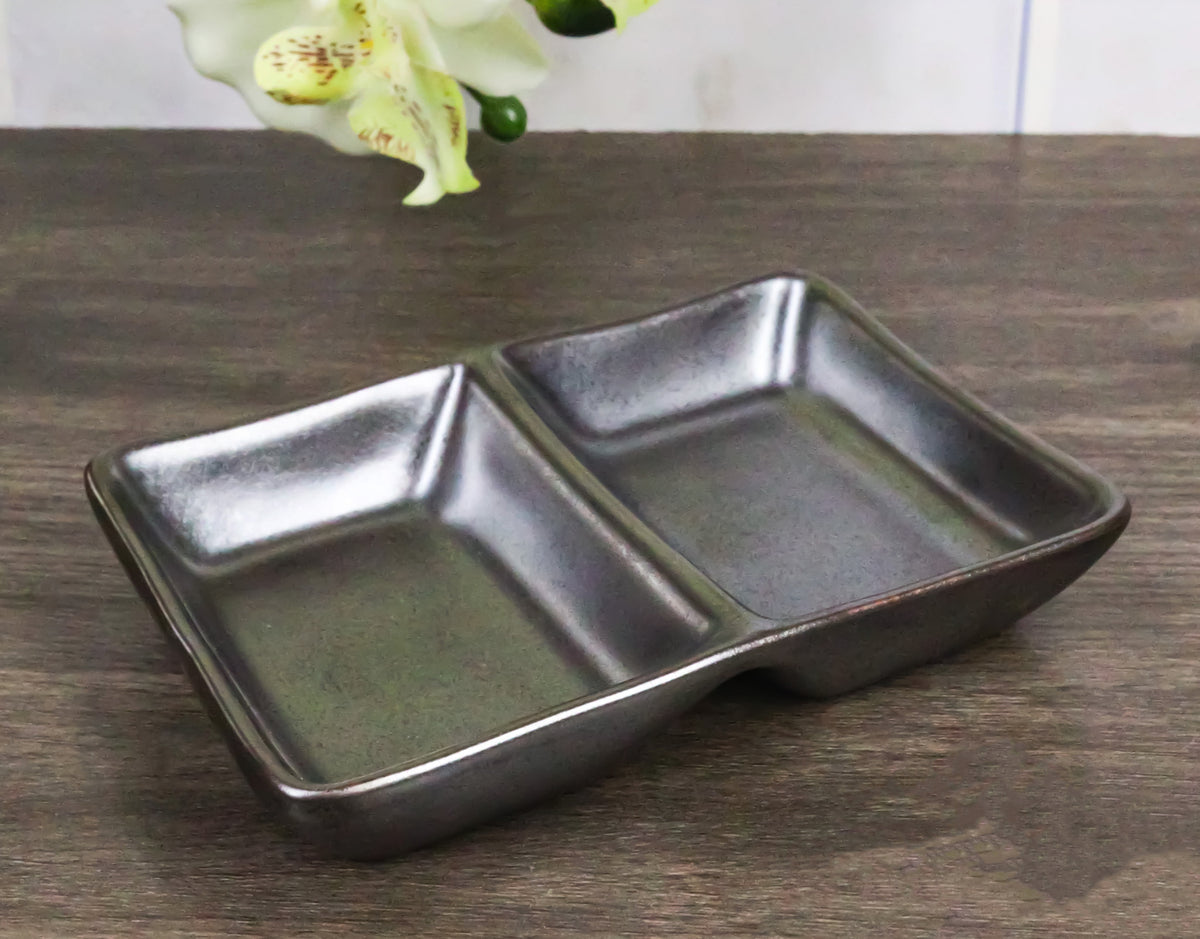 Pack Of 6 Ceramic Tetsu Kesho Soy Sauce Or Condiment Dishes With 2 Compartments