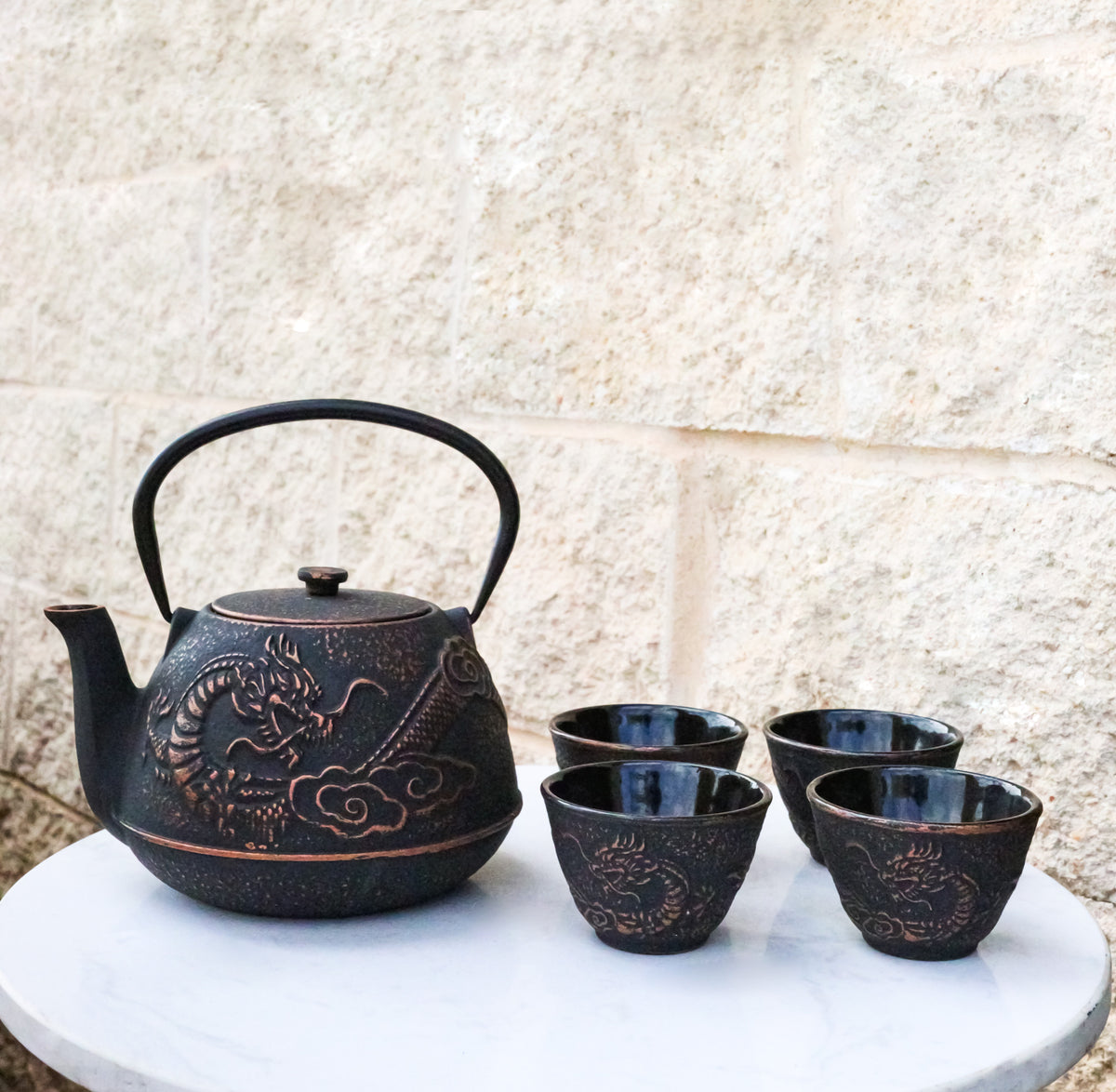 Bronze Oriental Dragon Design Tetsubin Cast Iron Teapot 33oz And 4 Tea Cups Set