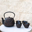 Bronze Oriental Dragon Design Tetsubin Cast Iron Teapot 33oz And 4 Tea Cups Set