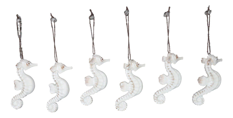 Set Of 6 Antique White Seahorses Ocean Marine Wall Hanging Decor Tree Ornaments