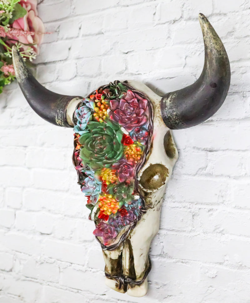 skulls and succulents Rustic Southwest Bull Cow Skull With Floral Cactus Succulents Wall Dec– Ebros Gift