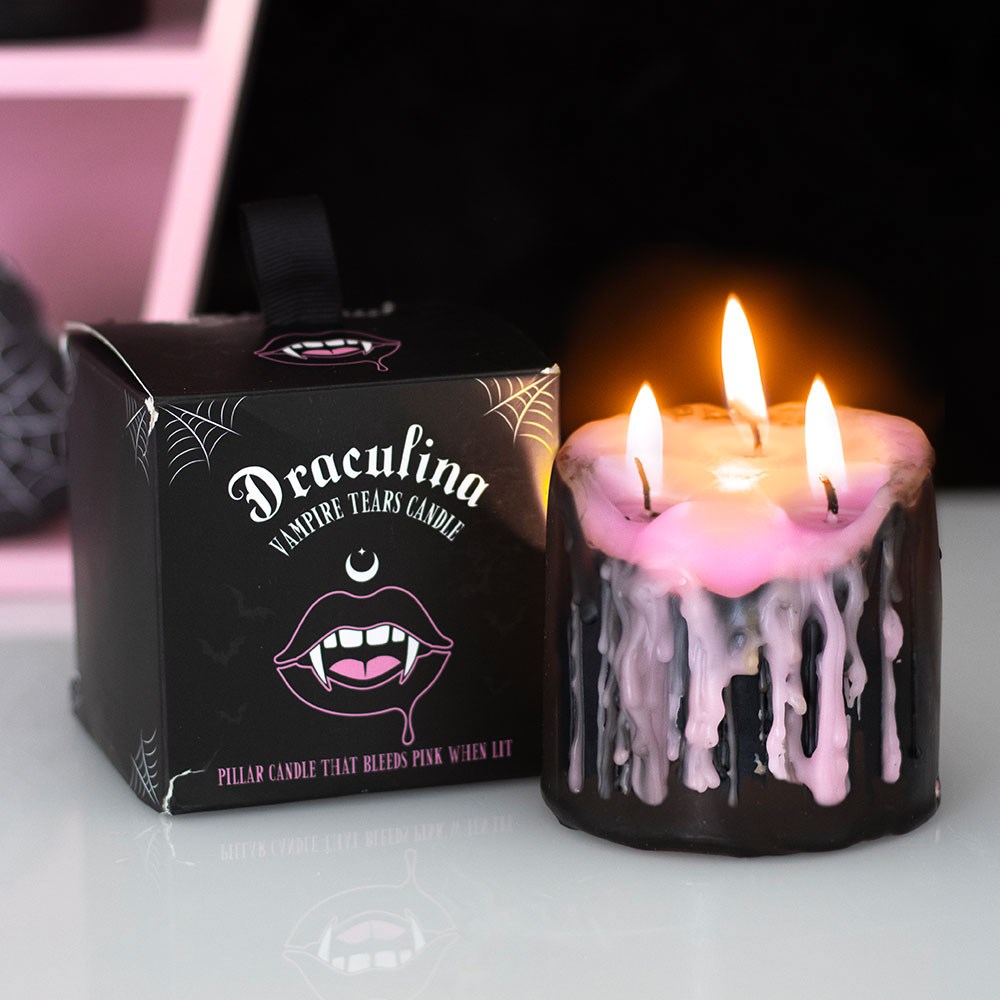 Set Of 2 Gothic Draculina Pink Vampire Tears Black Unscented Pillar Candles