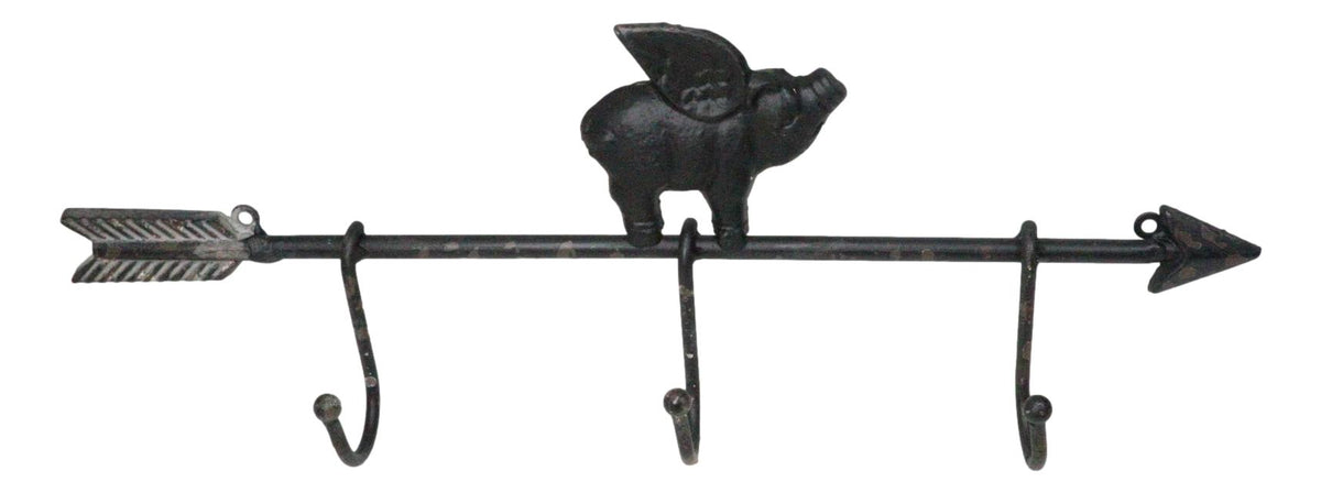 Cast Iron Rustic Farmhouse When Pigs Fly Angel Pig With Arrow 3-Peg Wall Hooks