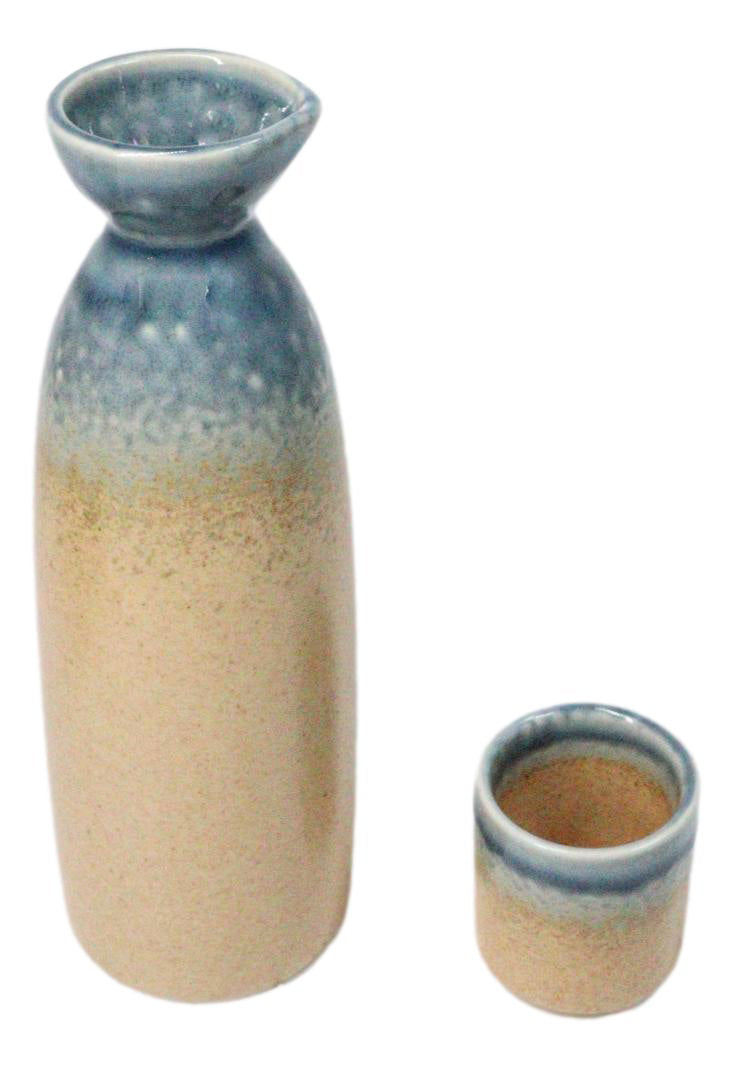 Blue Brown River Ao Nagashi Porcelain Sake Carafe Flask 9oz & 4 Ochoko Cups Set