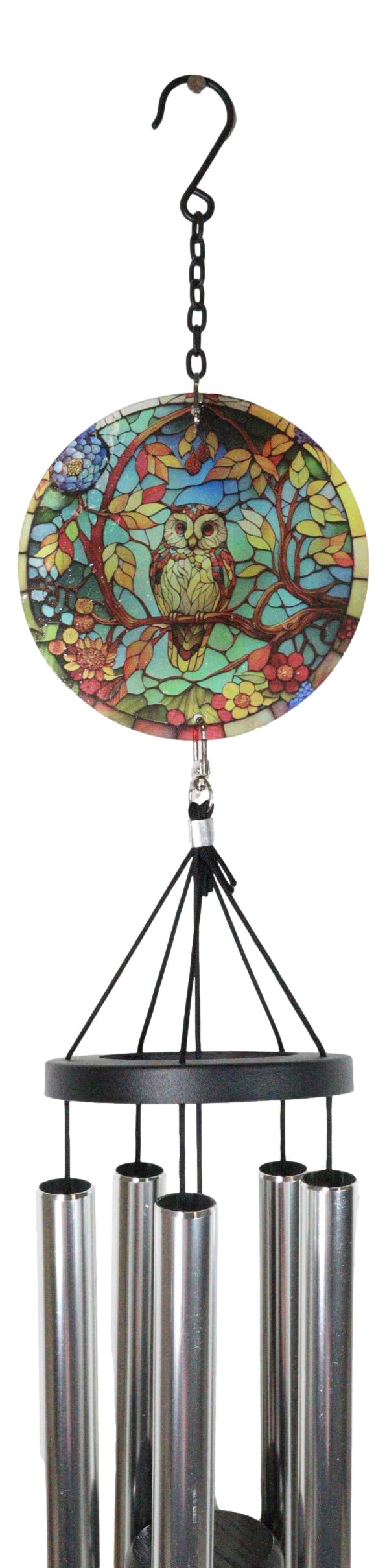 Mystical Great Horned Owl Colorful Art Glass Hanging Wind Chime With Metal Rods