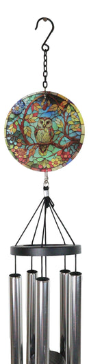 Mystical Great Horned Owl Colorful Art Glass Hanging Wind Chime With Metal Rods