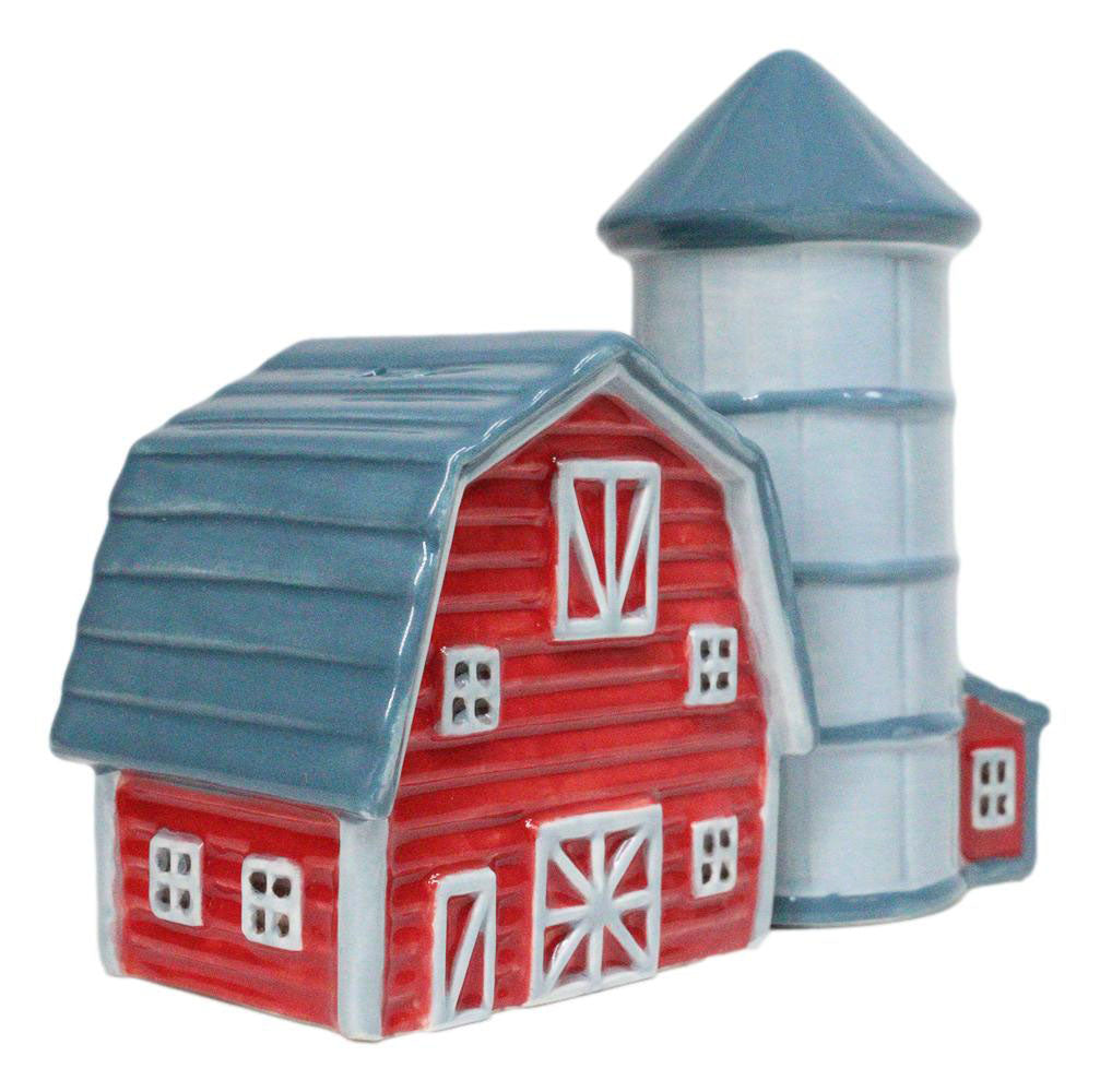 Ceramic Agricultural Country Farm Red Barn And Silo Salt And Pepper Shakers Set