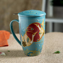 Turquoise Japanese Crane 15oz Porcelain Tea Mug With Lid Stainless Steel Infuser