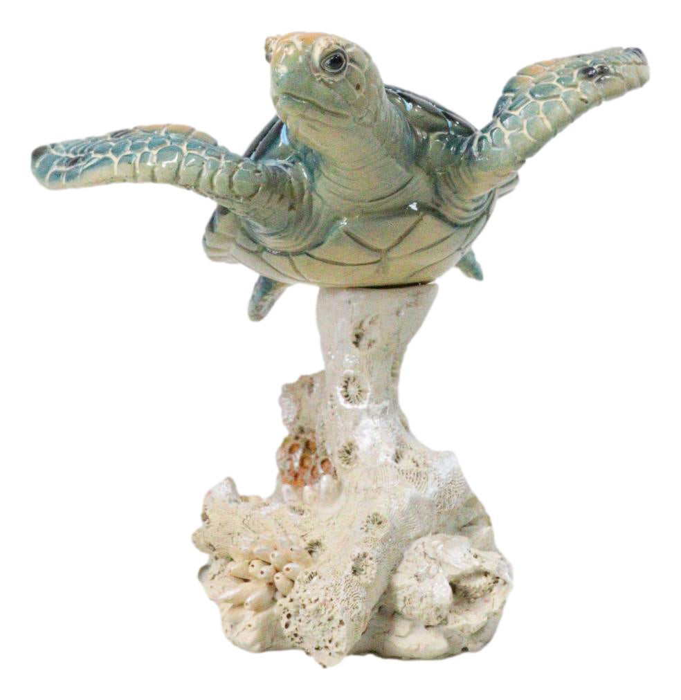 Ebros Sea Turtle Blue Shell Swimming Over Coral Reef Resin Figurine 4.25"H