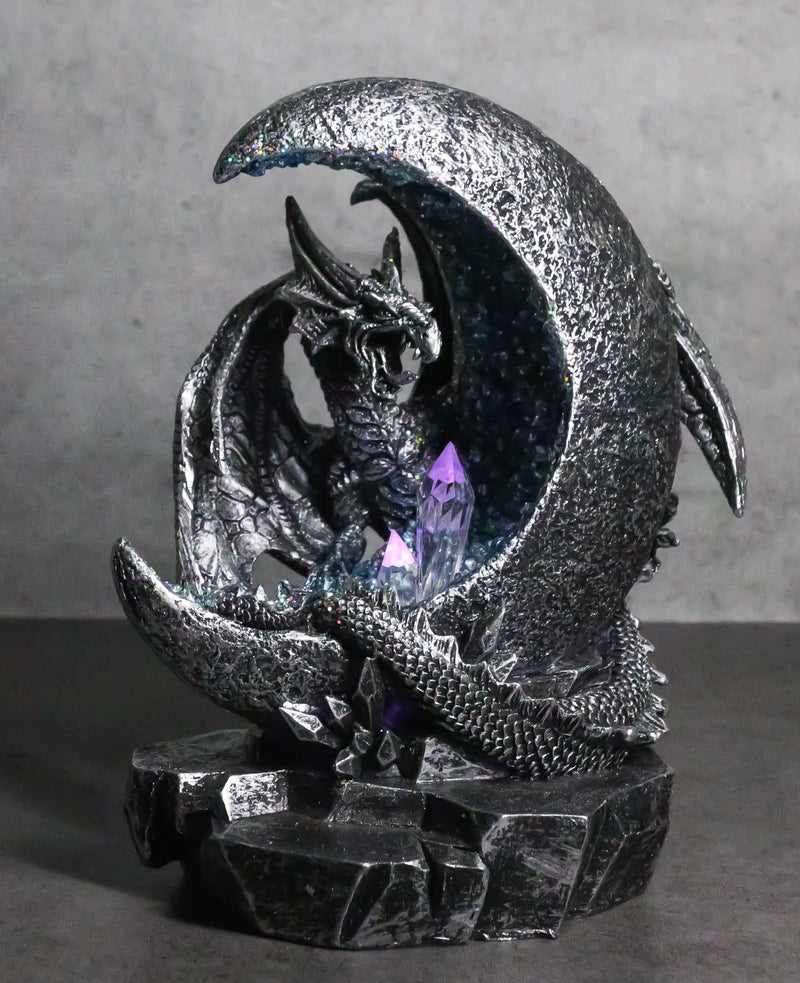 Gothic Dragon Guarding Crescent Moon with Faux Geode LED Crystals Figurine