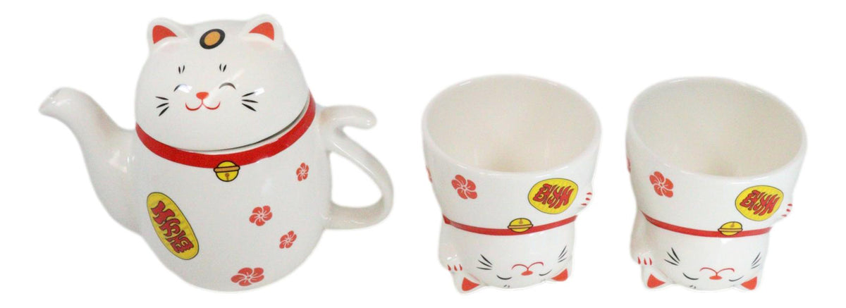 Japanese Maneki Neko Lucky Beckoning Cat Ceramic Tea Pot And 2 Teacup Mugs Set