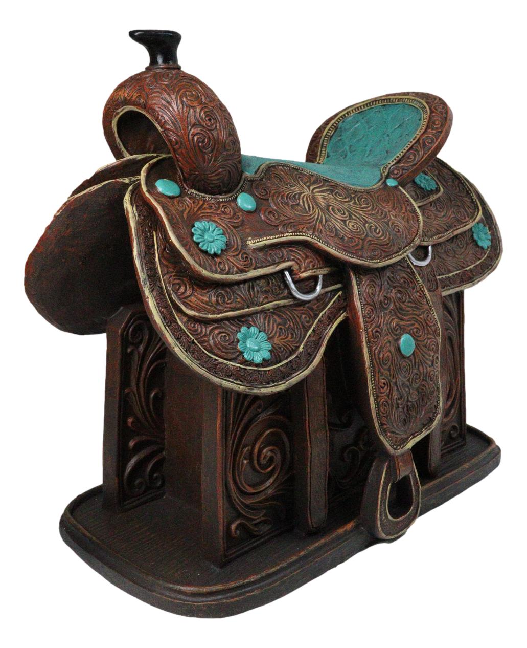 Western Saddle Centerpiece Figurine Faux Tooled Leather Turquoise Accents 13"L