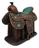 Western Saddle Centerpiece Figurine Faux Tooled Leather Turquoise Accents 13"L