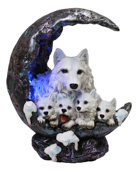 Snow White Wolf Mother With 4 Pups On LED Light Crater Crescent Moon Figurine