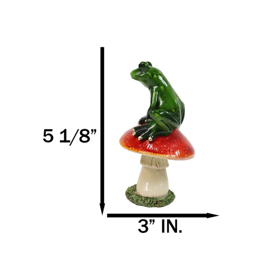 Rainforest Wildlife Green Pond Frog Sitting On Toadstool Mushroom Figurine