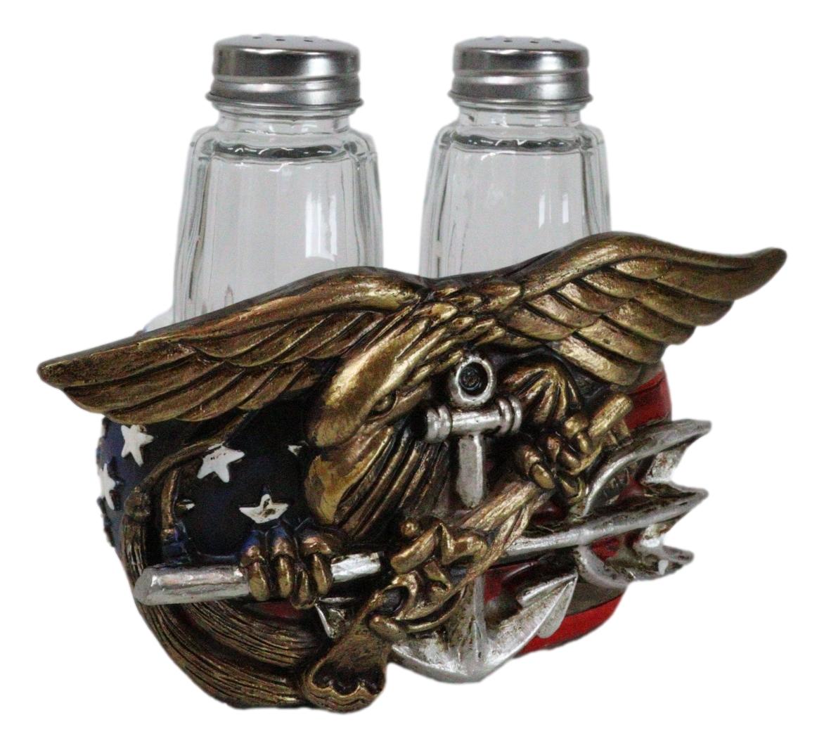 US Navy Sailor Eagle Anchor Trident Emblem And Flag Salt Pepper Shakers Holder