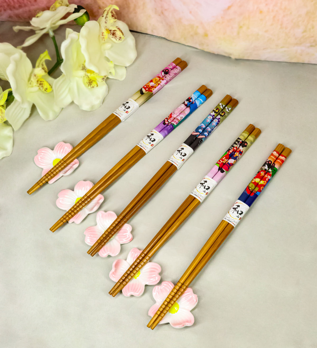 5 Pairs Of Pink Cherry Blossoms Sakura Ceramic Rests With Wooden Chopsticks Set