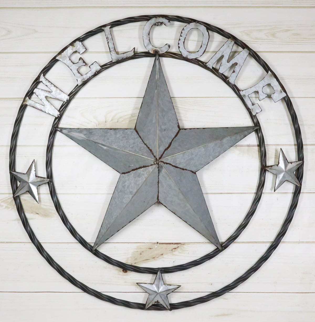 Large 24"D Rustic Western Lone Star Welcome Galvanized Metal Wall Circle Sign