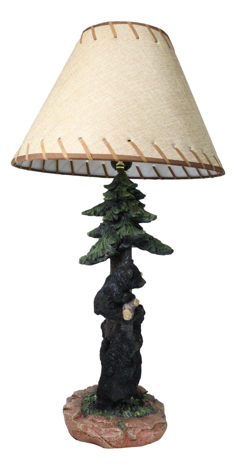 Rustic Western Forest Black Mama Bear With Cubs Climbing On Pine Tree Table Lamp