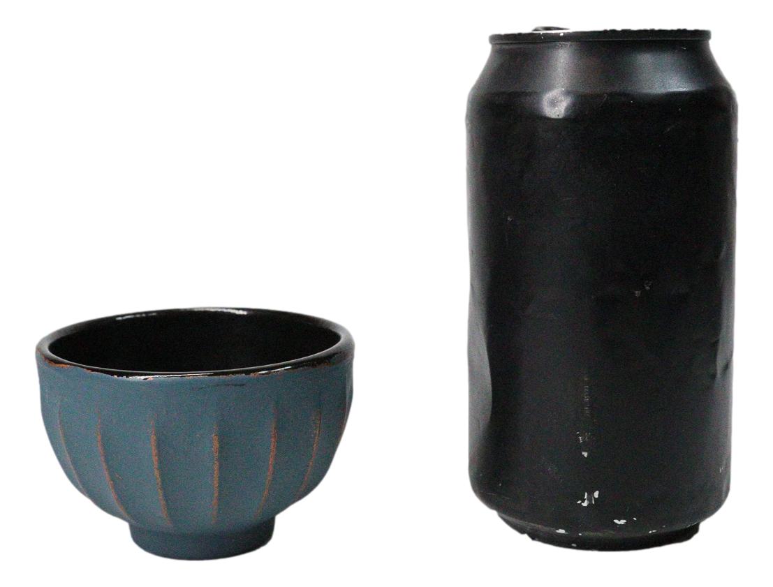 Blue Gold Ridged Lines Japanese Tetsubin Style Cast Iron Tea Cups Set of 4