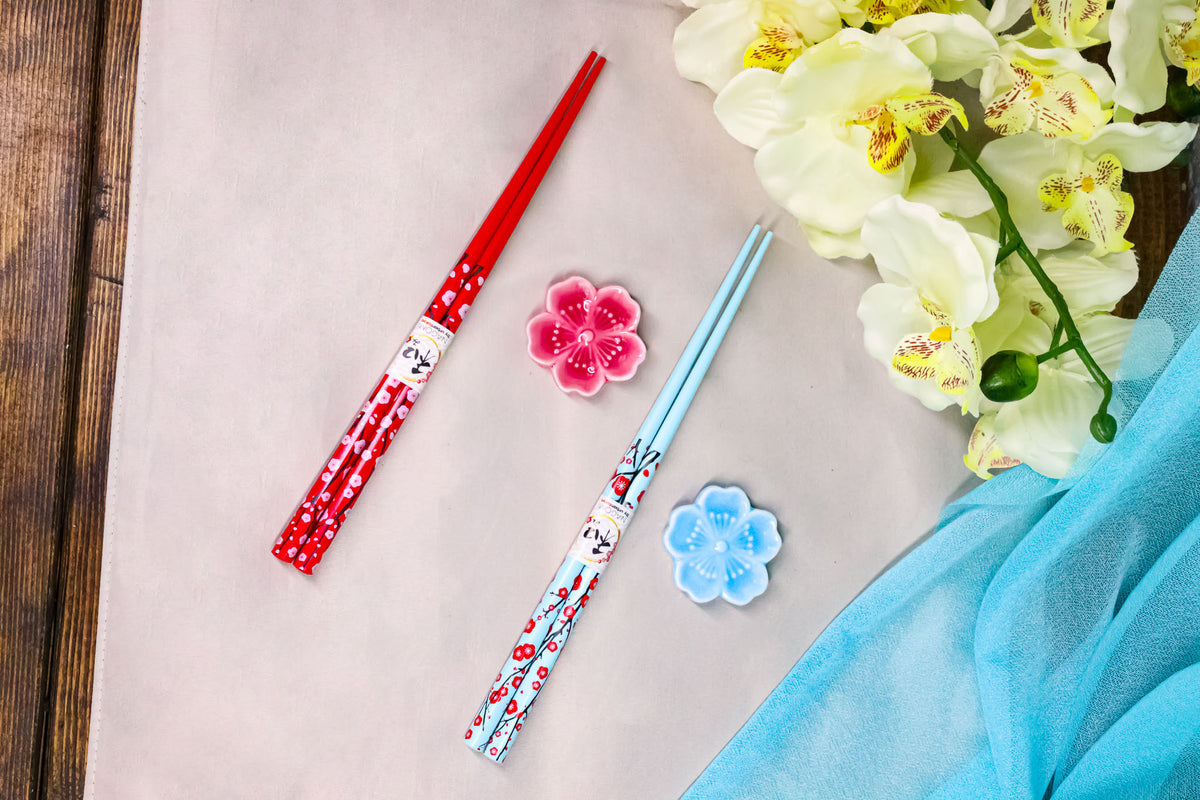 Red Blue Sakura Cerry Blossoms Flowers Set of 2 Chopsticks And Ceramic Rests Set